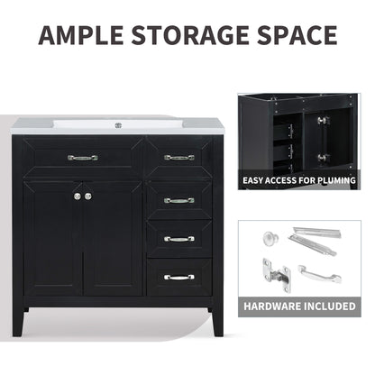 Stylish 36-Inch Black Bathroom Vanity with Integrated Sink, Durable MDF and Solid Wood Construction, Convenient Storage Drawers