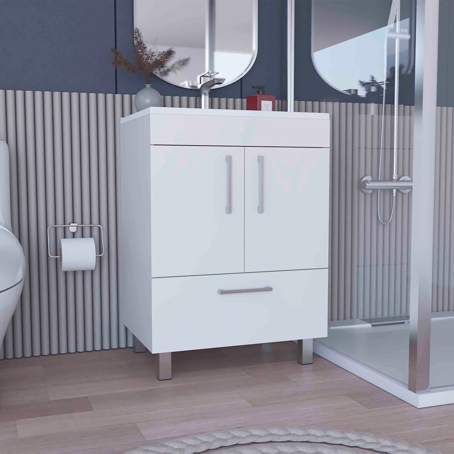 Modern White Bathroom Vanity with Double Door Cabinet and One Drawer