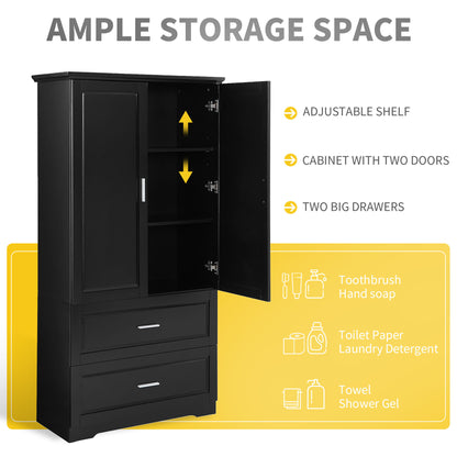 Black Tall Storage Cabinet with Adjustable Shelves, Doors, and Drawers - MDF Construction