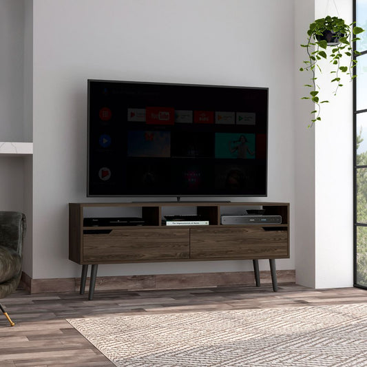 Contemporary TV Stand for 50-60 Inch TVs, Four Legs, Three Open Shelves, Engineered Wood Melamine, Brown