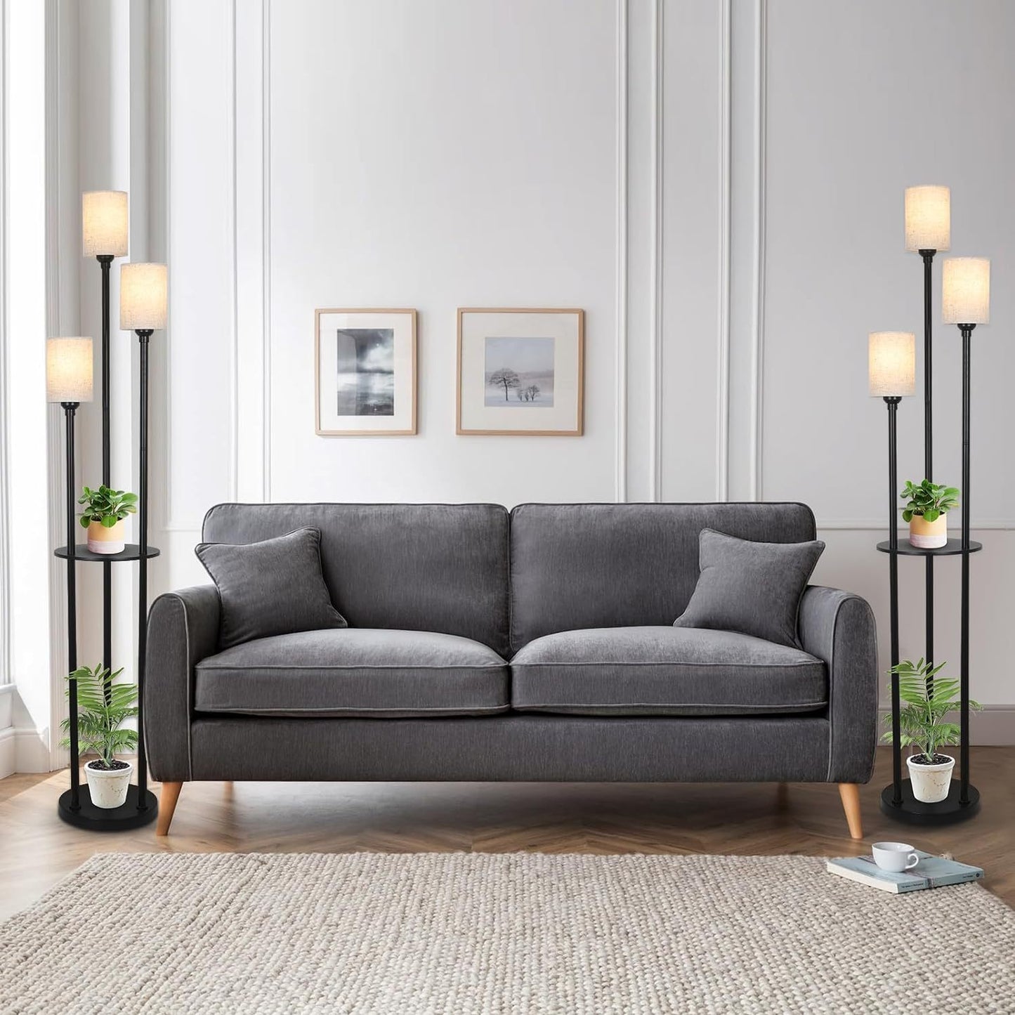 3-Light Floor Lamp with Shelves, Industrial Modern Floor Lamp, Linen Shade, Foot Pedal, 66in Black