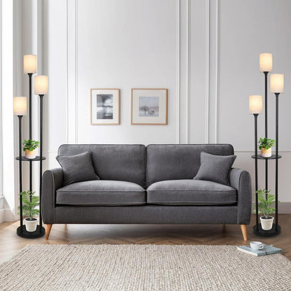 3-Light Floor Lamp with Shelves, Industrial Modern Floor Lamp, Linen Shade, Foot Pedal, 66in Black