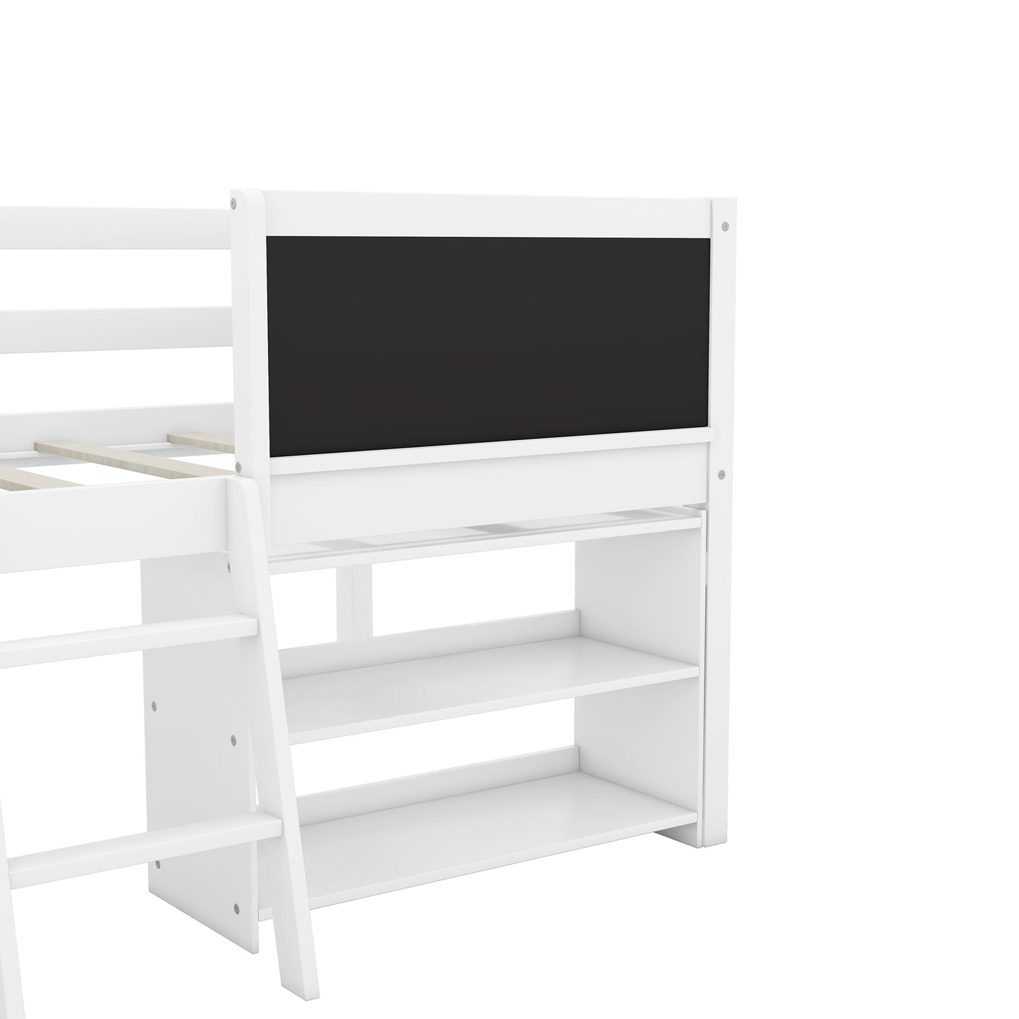 Twin Size Creative Low Loft Bed with Movable Storage Shelves and Chalkboard Guardrail, White
