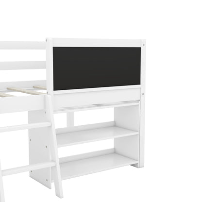 Twin Size Creative Low Loft Bed with Movable Storage Shelves and Chalkboard Guardrail, White