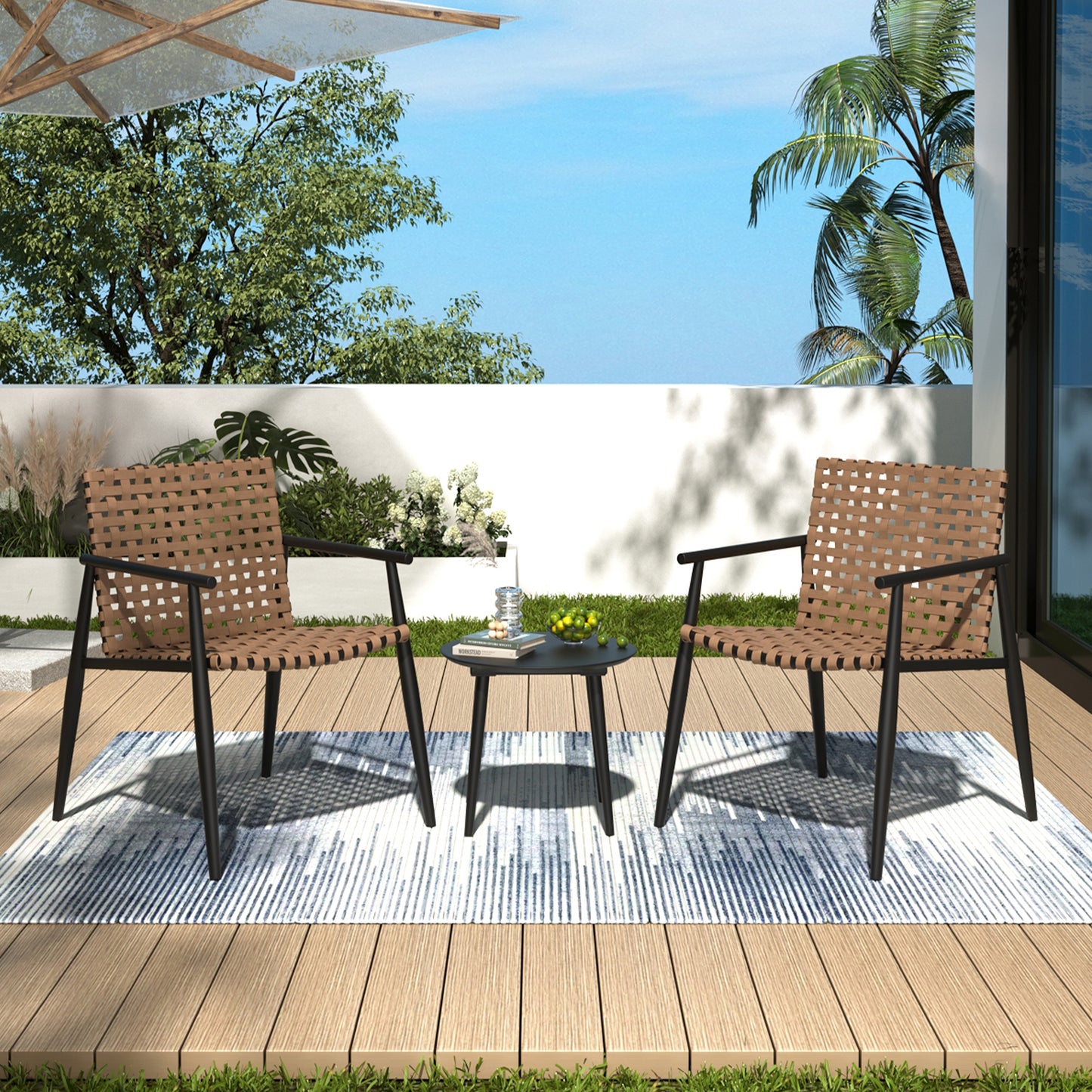 Modern Outdoor Chat Set With Two PE Rattan Chairs And Tempered Glass Table For Patio Black And Brown