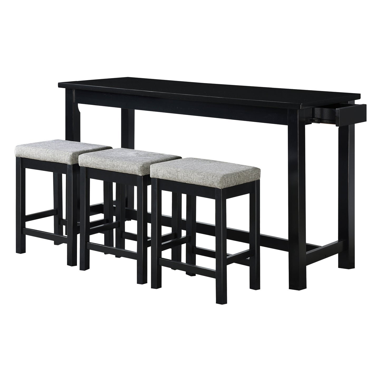 4-Piece Counter Height Dining Set with USB Ports, Drawer, Rect Table & 3 Stools, Durable Wood Black