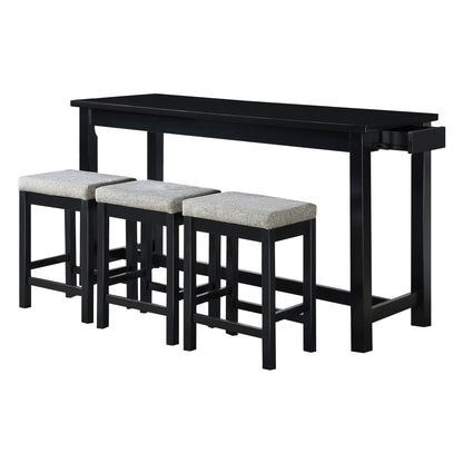 4-Piece Counter Height Dining Set with USB Ports, Drawer, Rect Table & 3 Stools, Durable Wood Black