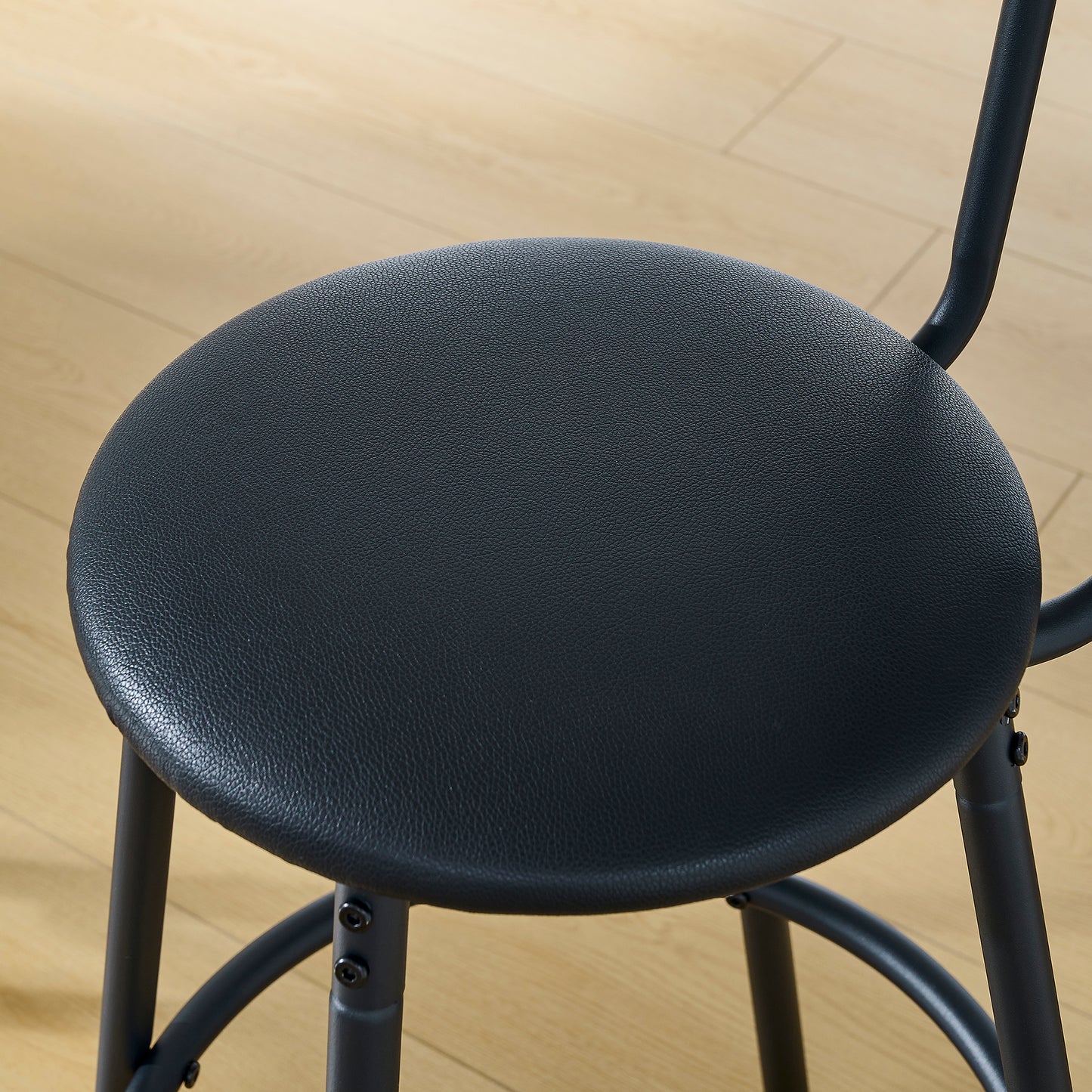 Round Bar Table & Stool Set with Shelf, Upholstered Backrest, Metal & Wood, 24-In Table, 36-In Height, Rustic Brown