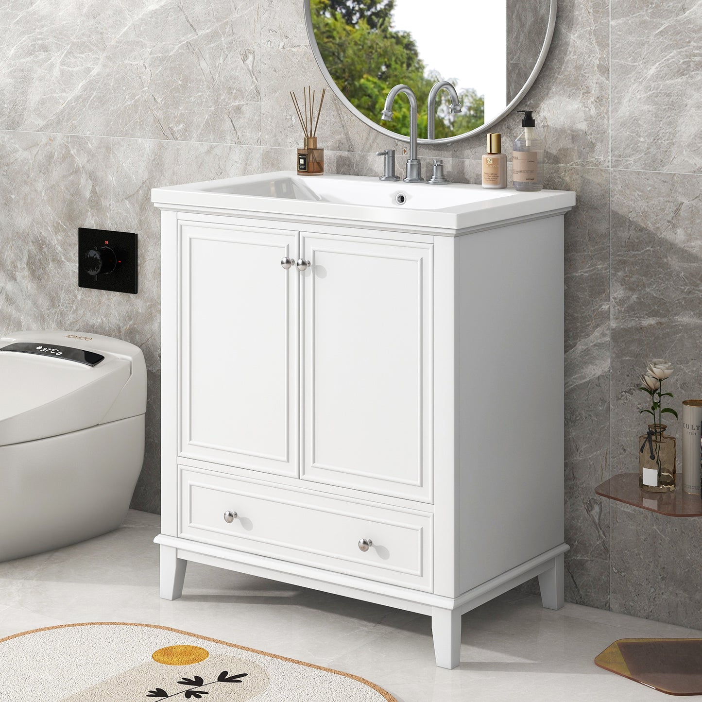 30" Modern Bathroom Vanity with Ceramic Sink, Multi-Storage Cabinet with Adjustable Shelves, Durable Solid Wood & MDF Construction, White Finish