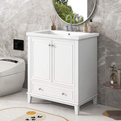 30" Modern Bathroom Vanity with Ceramic Sink, Multi-Storage Cabinet with Adjustable Shelves, Durable Solid Wood & MDF Construction, White Finish