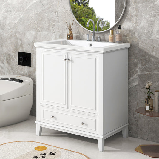 30" Modern Bathroom Vanity with Ceramic Sink, Multi-Storage Cabinet with Adjustable Shelves, Durable Solid Wood & MDF Construction, White Finish