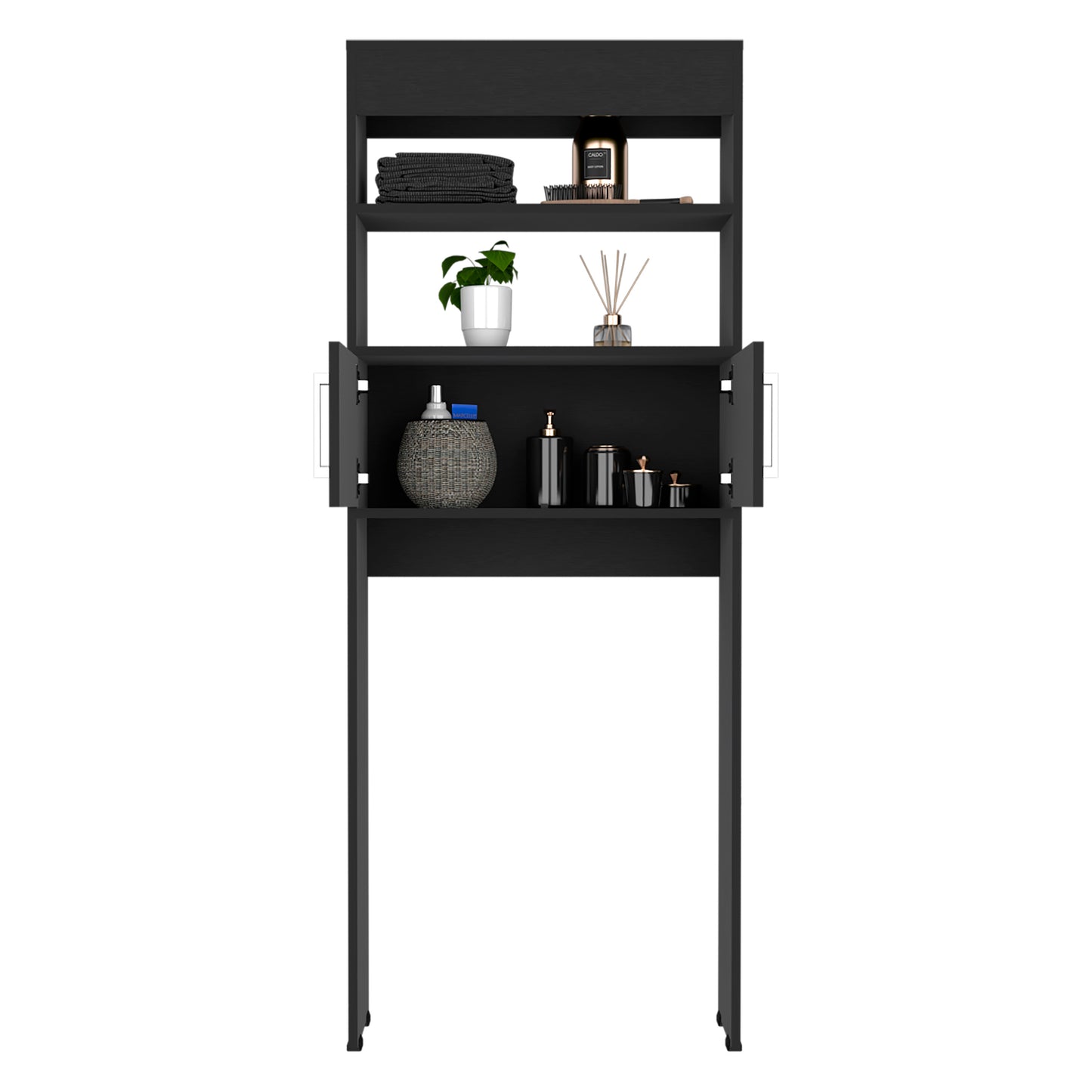 Stylish Black Wengue Over-The-Toilet Storage Cabinet with Double Doors and Two Shelves
