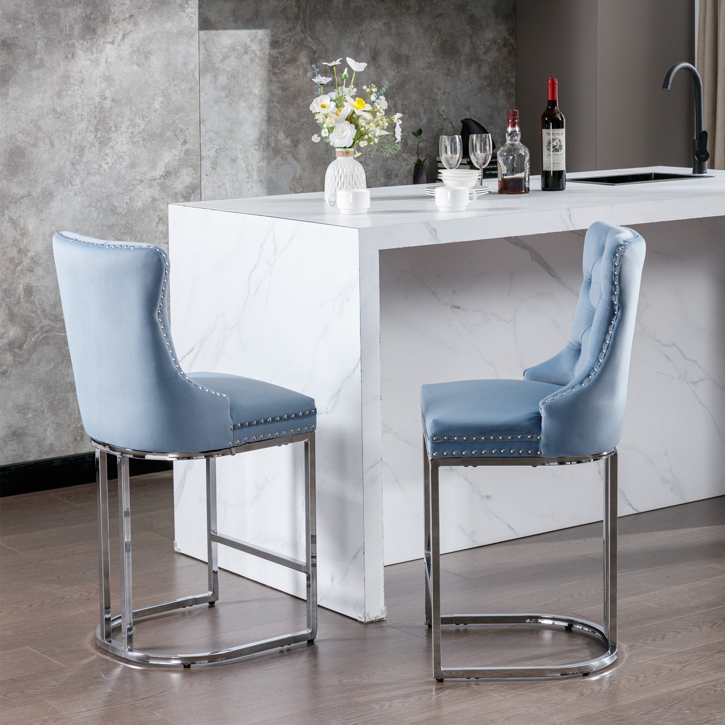 26 Inch Counter Height Bar Stools Set 2 Light Blue Velvet