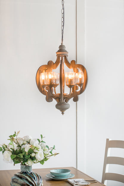 Farmhouse 6-Light Wood Chandelier Pendant with Adjustable Chain - Dining Room, Living Room, 60W E12 Gray