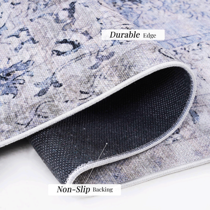 5x8 Machine-Washable Area Rug - Low-Pile, Non-Slip, Kid & Pet Friendly, Living & Dining Blue+Cream