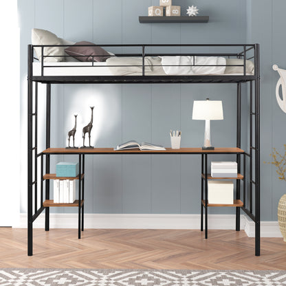 Twin Loft Bed with Integrated Desk & Storage Shelves - Sturdy Metal Construction, Noise Reduction Features, Safety Guardrails, and Dual Side Ladders - No Box Spring Required
