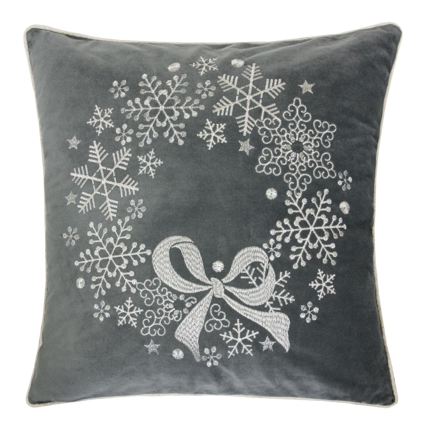 20x20 Holiday Throw Pillow with Snowflake Wreath Embroidery and Bow, Insert Included, Sofa, Velvet Gray