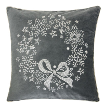 20x20 Holiday Throw Pillow with Snowflake Wreath Embroidery and Bow, Insert Included, Sofa, Velvet Gray