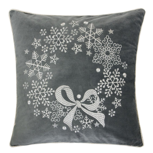 20x20 Holiday Throw Pillow with Snowflake Wreath Embroidery and Bow, Insert Included, Sofa, Velvet Gray