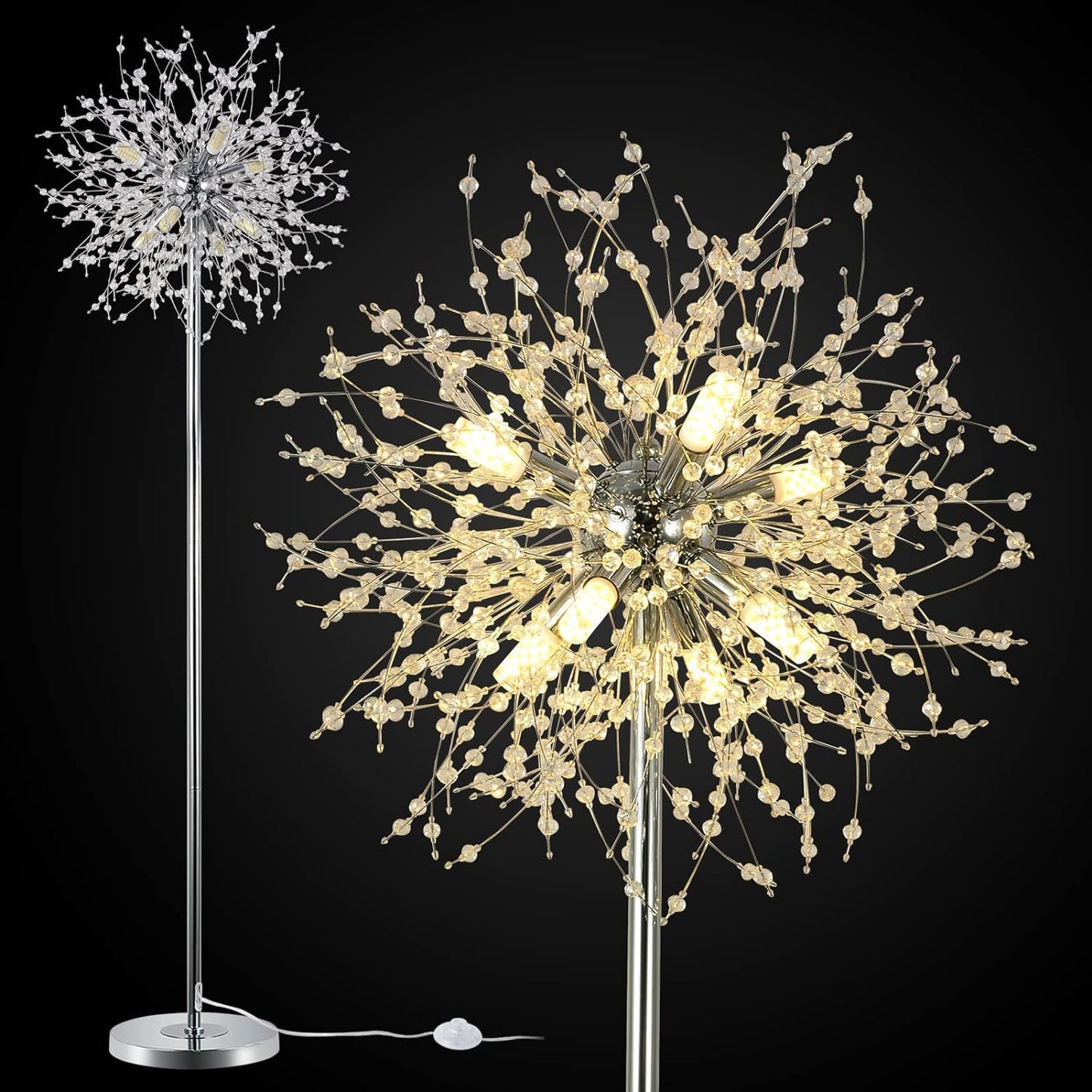 Crystal Floor Lamp, 69-Inch Tall, 8-Head Sputnik, 32 Firework Crystal Ornaments Included, Chrome Finish