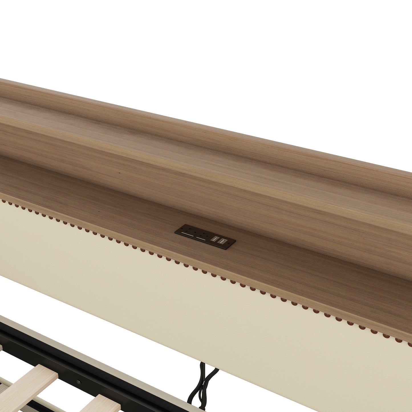 Beige Twin Size Upholstered Daybed with Trundle, USB Charging Station & LED Lighting