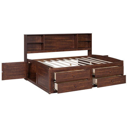 Elegant Antique Brown Full Size Wooden Captain Bed with Ample Storage and Built-in Shelves