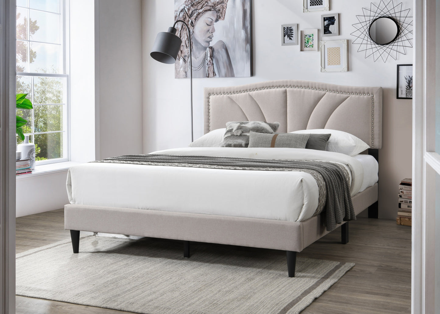 Chic Vintage Queen Bed with Light Brown Burlap Fabric and Nailhead Trim Headboard