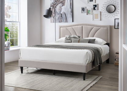 Chic Vintage Queen Bed with Light Brown Burlap Fabric and Nailhead Trim Headboard