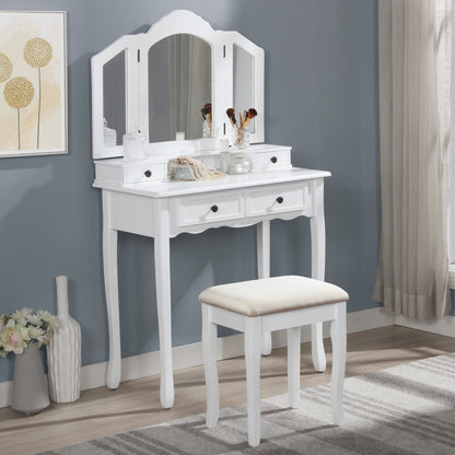 Wood Vanity Table with Stool Set - Makeup Desk, Drawer Storage, Bedroom Vanity, Modern Style White