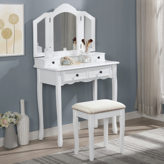 Wood Vanity Table with Stool Set - Makeup Desk, Drawer Storage, Bedroom Vanity, Modern Style White