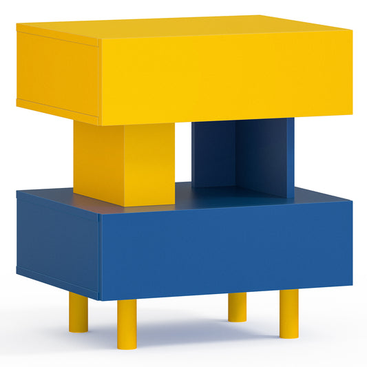 Modern Engineered Wood Nightstand with Dual Drawers, Bedside Table for Bedroom, Yellow & Blue