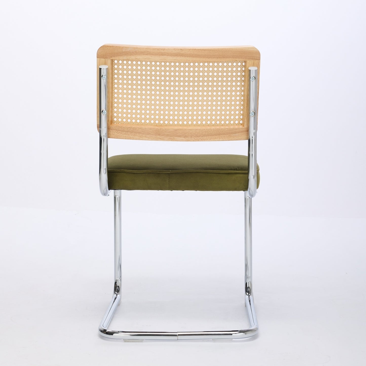 Set of 2 Velvet Dining Chairs with Rattan Back and Cantilever Chrome Base, Mid-Century Style, Olive Green