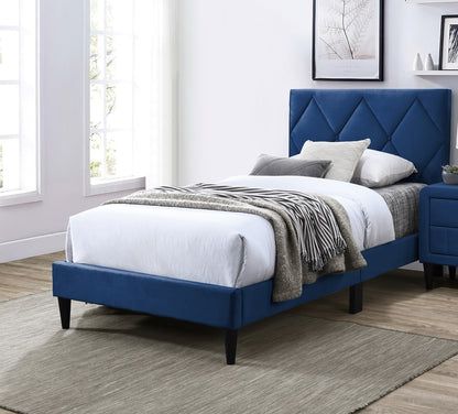 Navy Blue Velvet Upholstered Twin Bed with Adjustable Headboard for Youth Bedrooms