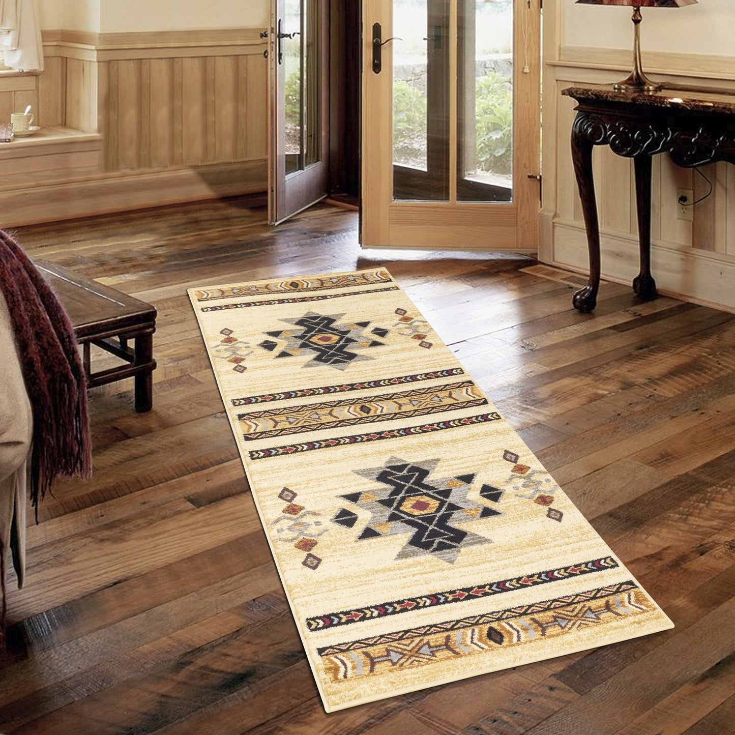Southwest-Style 5'3" x 7'3" Area Rug, Low-Pile, Polypropylene, Jute-Backed, Stain-Resistant Cream
