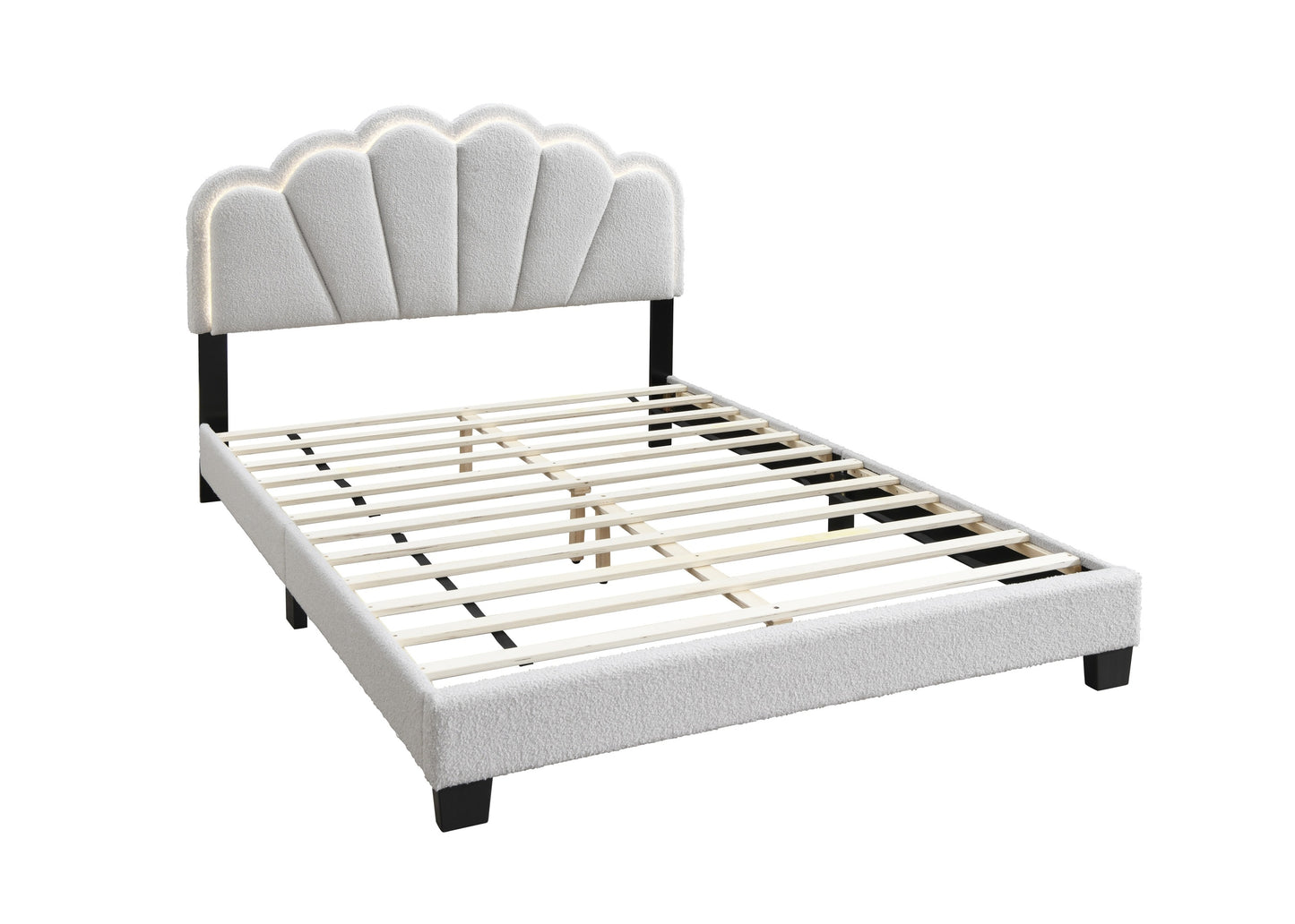 Elegant White Queen Size Platform Bed with Floral Headboard and LED Lighting