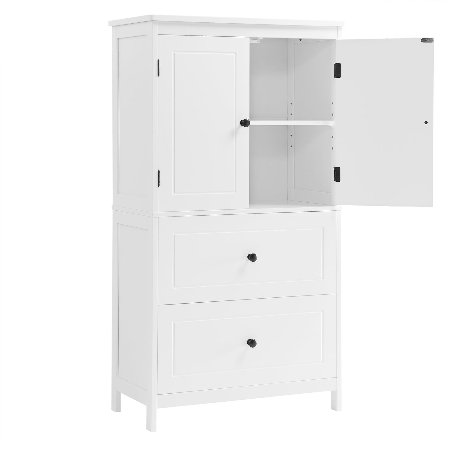 White MDF Bathroom Storage Cabinet with Adjustable Shelves, Two Doors, and Drawers