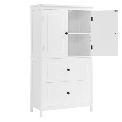 White MDF Bathroom Storage Cabinet with Adjustable Shelves, Two Doors, and Drawers