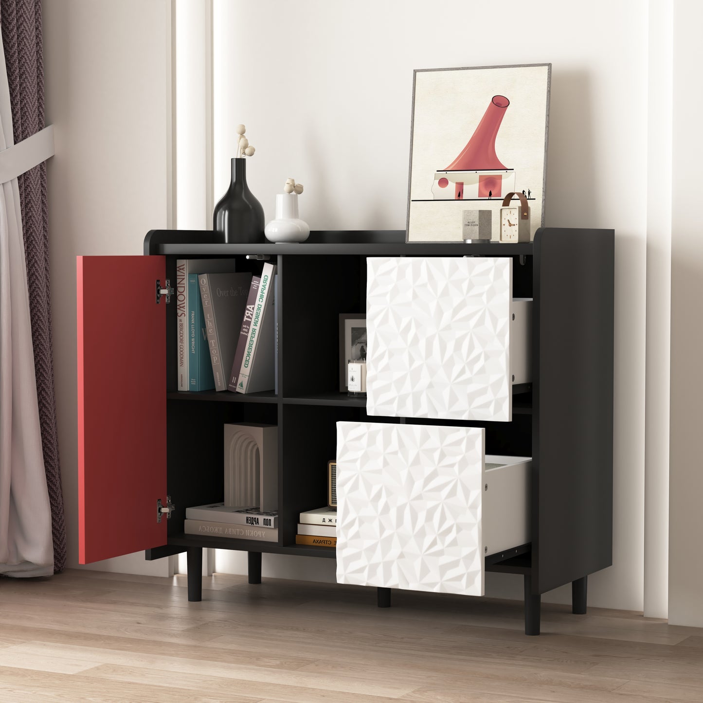 Sideboard Buffet Cabinet, Black Storage Cabinet with Red Doors , 2 Drawers with unique panel styling and 2 Open Storage Compartment, Modern Coffee Bar Cabinet Accent Cabinet for Kitchen, Dining Room,