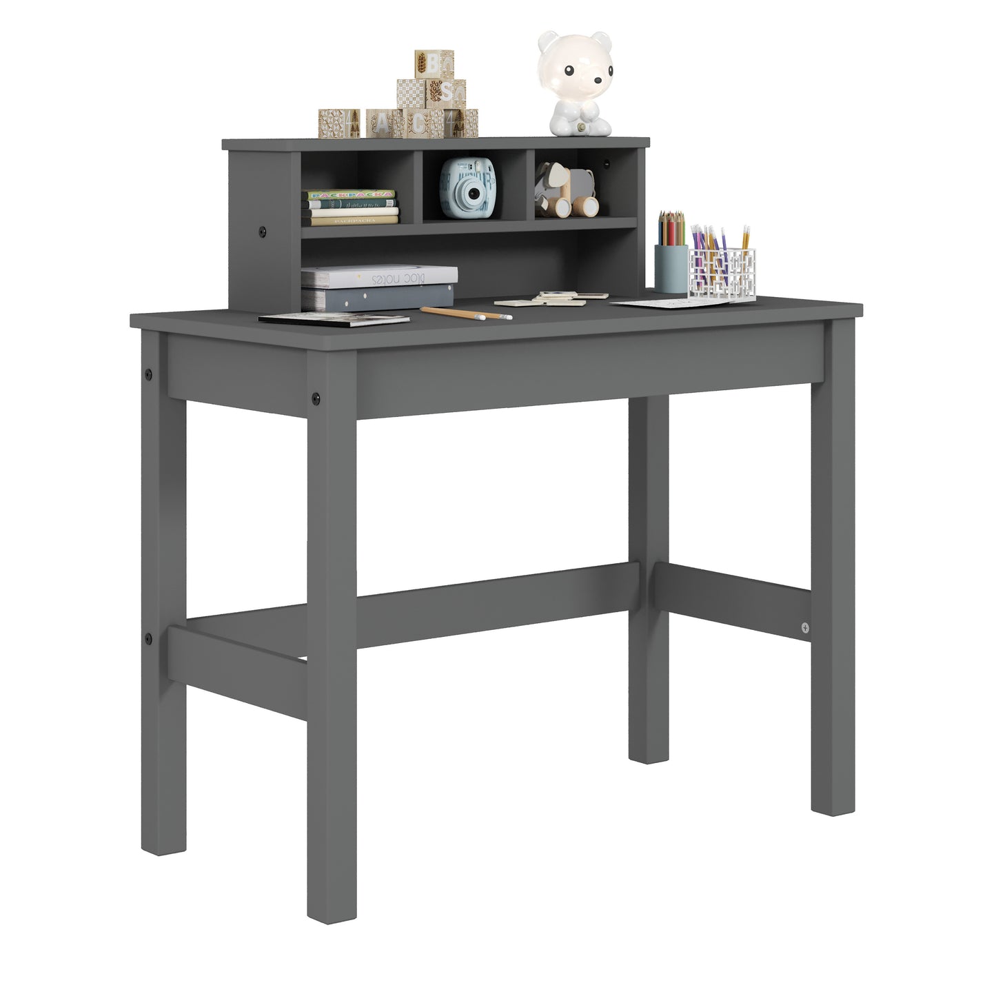 Sleek Gray Wood Writing Desk with Hutch and Cable Management