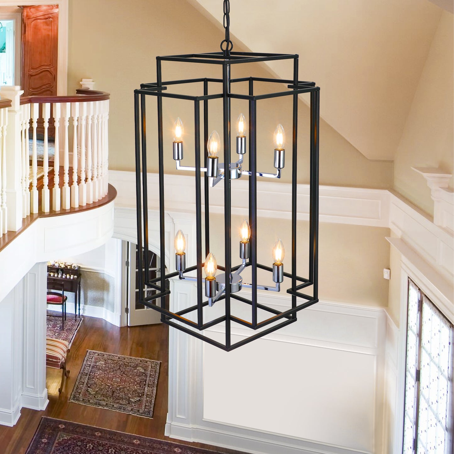 8-Light Lantern Pendant Light Industrial Farmhouse Chandelier for Entryway, Kitchen Island Black & Silver