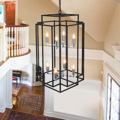 8-Light Lantern Pendant Light Industrial Farmhouse Chandelier for Entryway, Kitchen Island Black & Silver