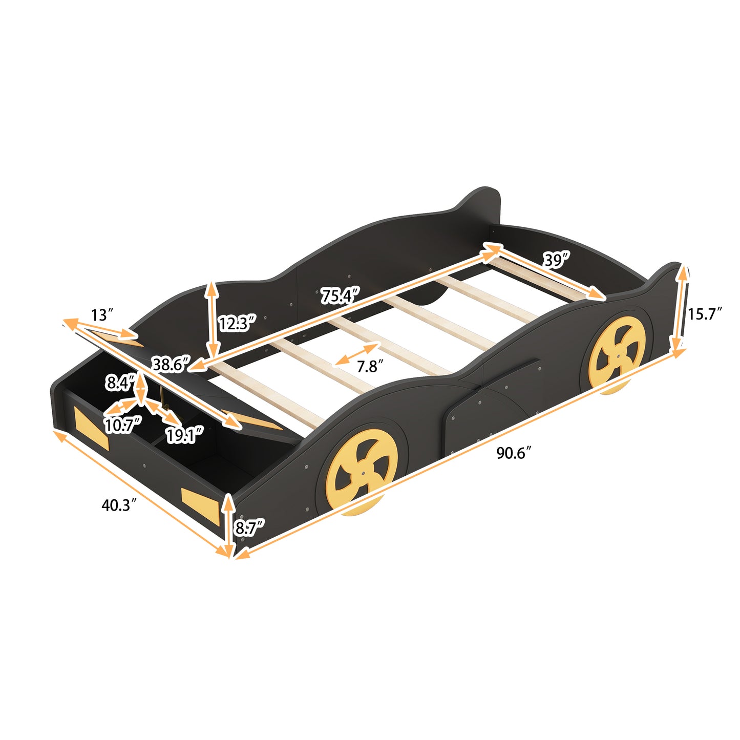 Twin Size Race Car Platform Bed with Storage and Wheels in Black and Yellow