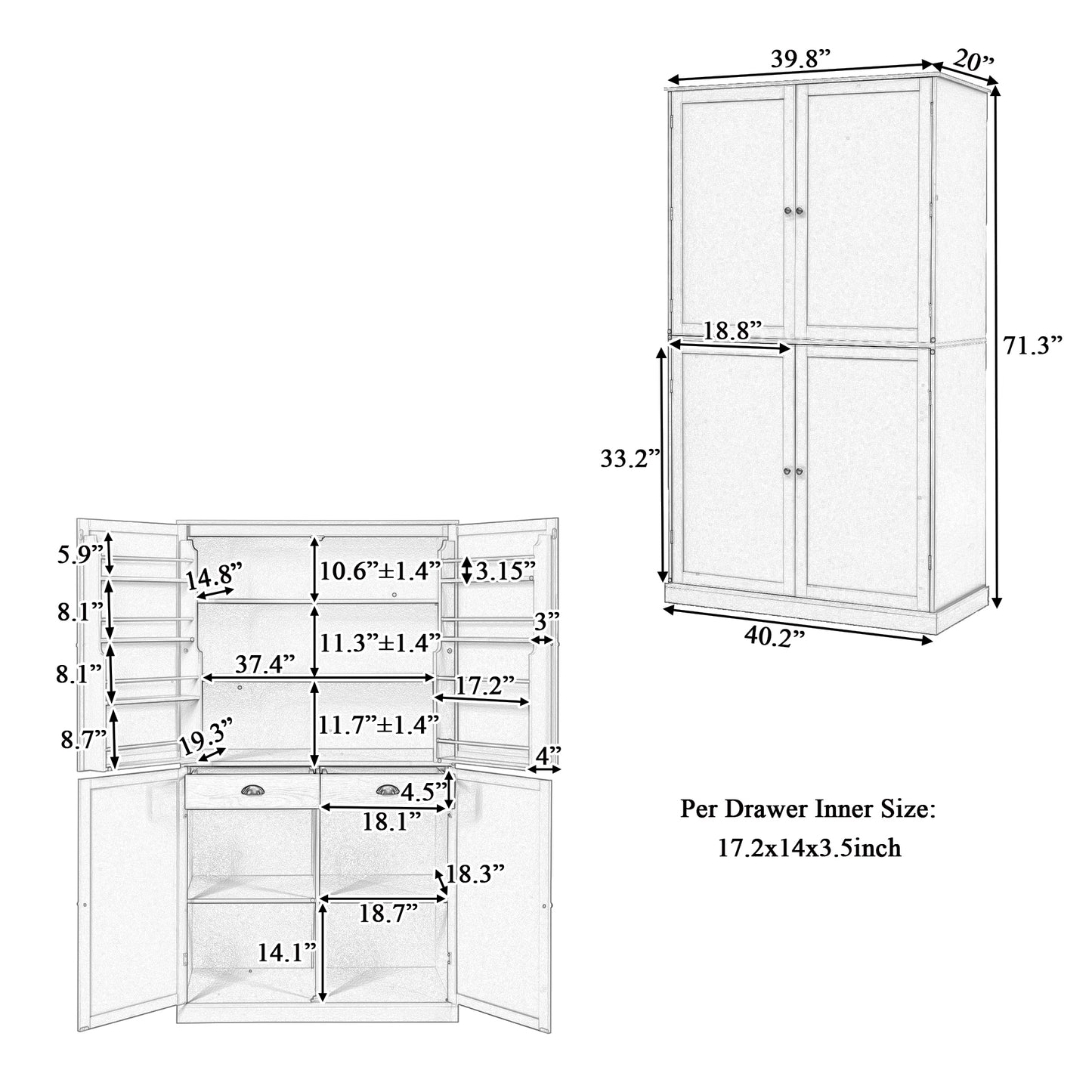 40.2"x20"x71.3" Modern High Kitchen Pantry - Spacious Storage Cabinet with Adjustable Shelves & Drawers in Gray