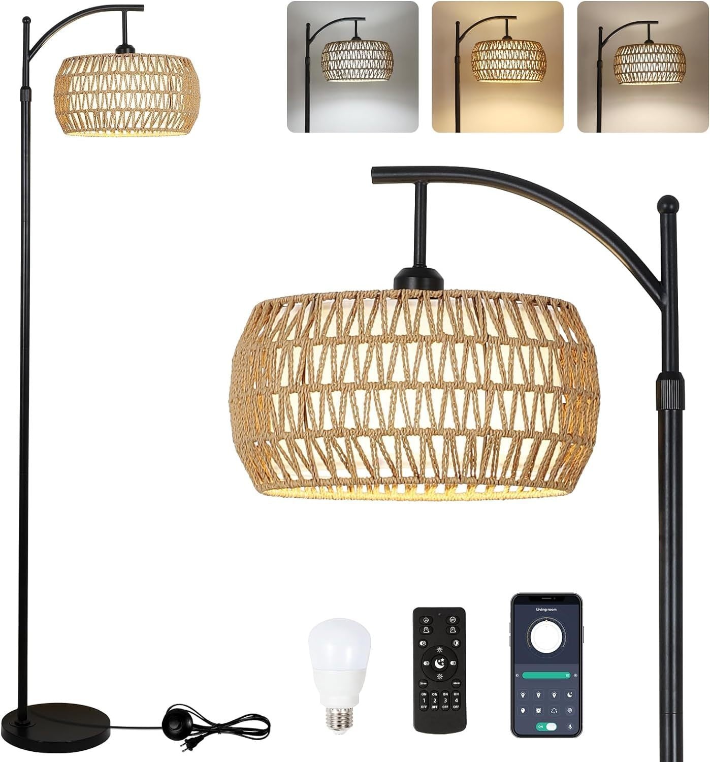 Arc Floor Lamp with Remote, Dimmable LED, 3 Color Temp, Height 65-72.8in, Rattan & Linen Shade, Black
