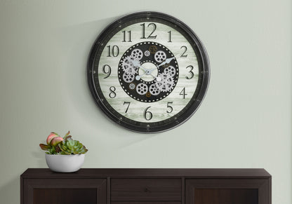 Oversized 30in Round Wall Clock with Gear Mechanism, Quiet Quartz Movement, Glass Dial, Frame, Brown