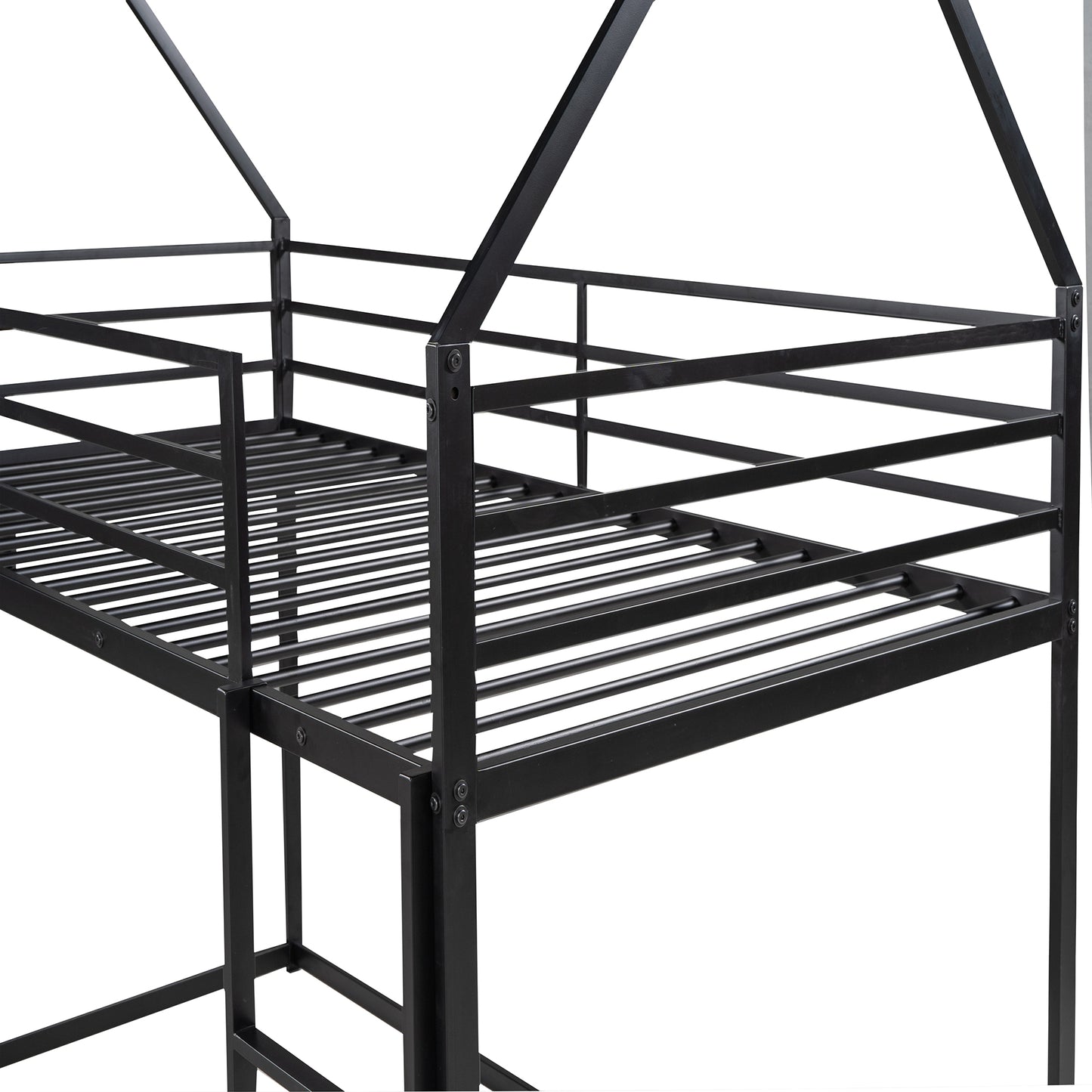 Twin House Bunk Bed with Slide and Ladder in Black for Kids