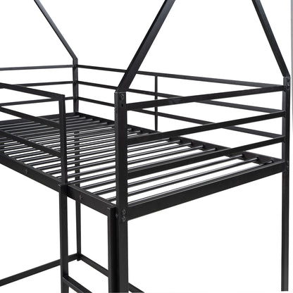 Twin House Bunk Bed with Slide and Ladder in Black for Kids