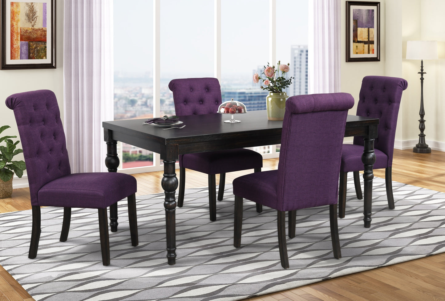 Wood Dining Set With Turned Legs Table And Chairs Purple