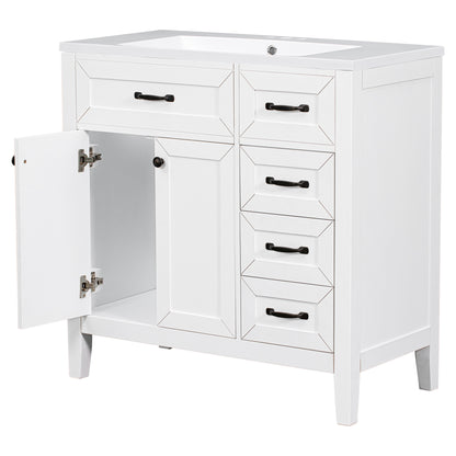 36-Inch White Freestanding Bathroom Vanity with Ceramic Sink and Storage Drawers