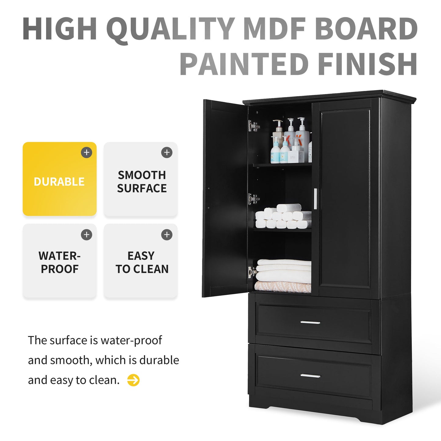 Black Tall Storage Cabinet with Adjustable Shelves, Doors, and Drawers - MDF Construction